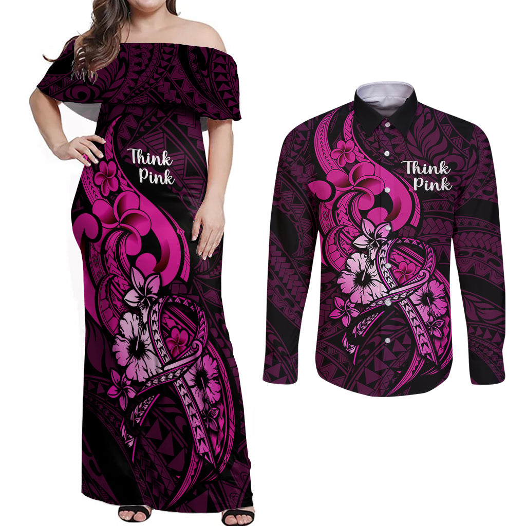 Polynesia Breast Cancer Awareness Couples Matching Off Shoulder Maxi Dress and Long Sleeve Button Shirts Think Pink Polynesian Ribbon Black Version LT14 Pink - Polynesian Pride