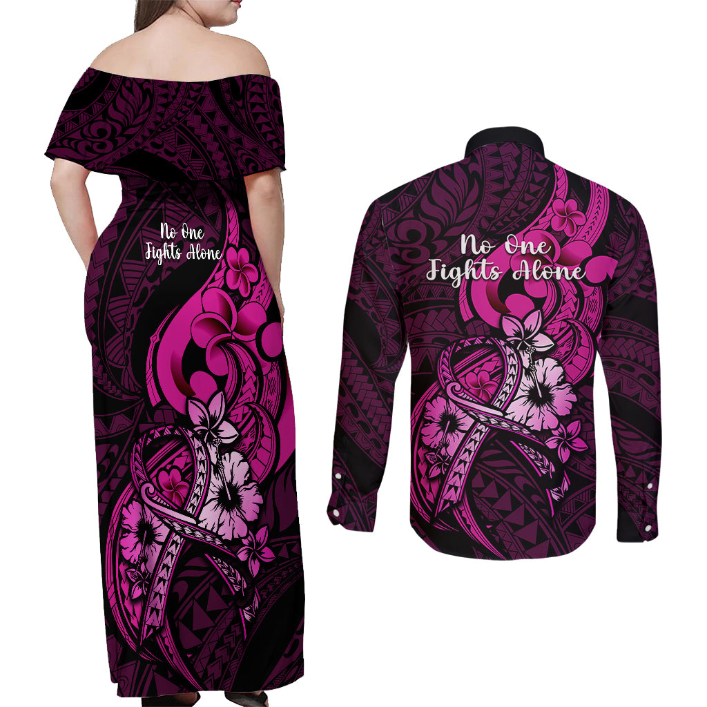 Polynesia Breast Cancer Awareness Couples Matching Off Shoulder Maxi Dress and Long Sleeve Button Shirts Think Pink Polynesian Ribbon Black Version LT14 - Polynesian Pride