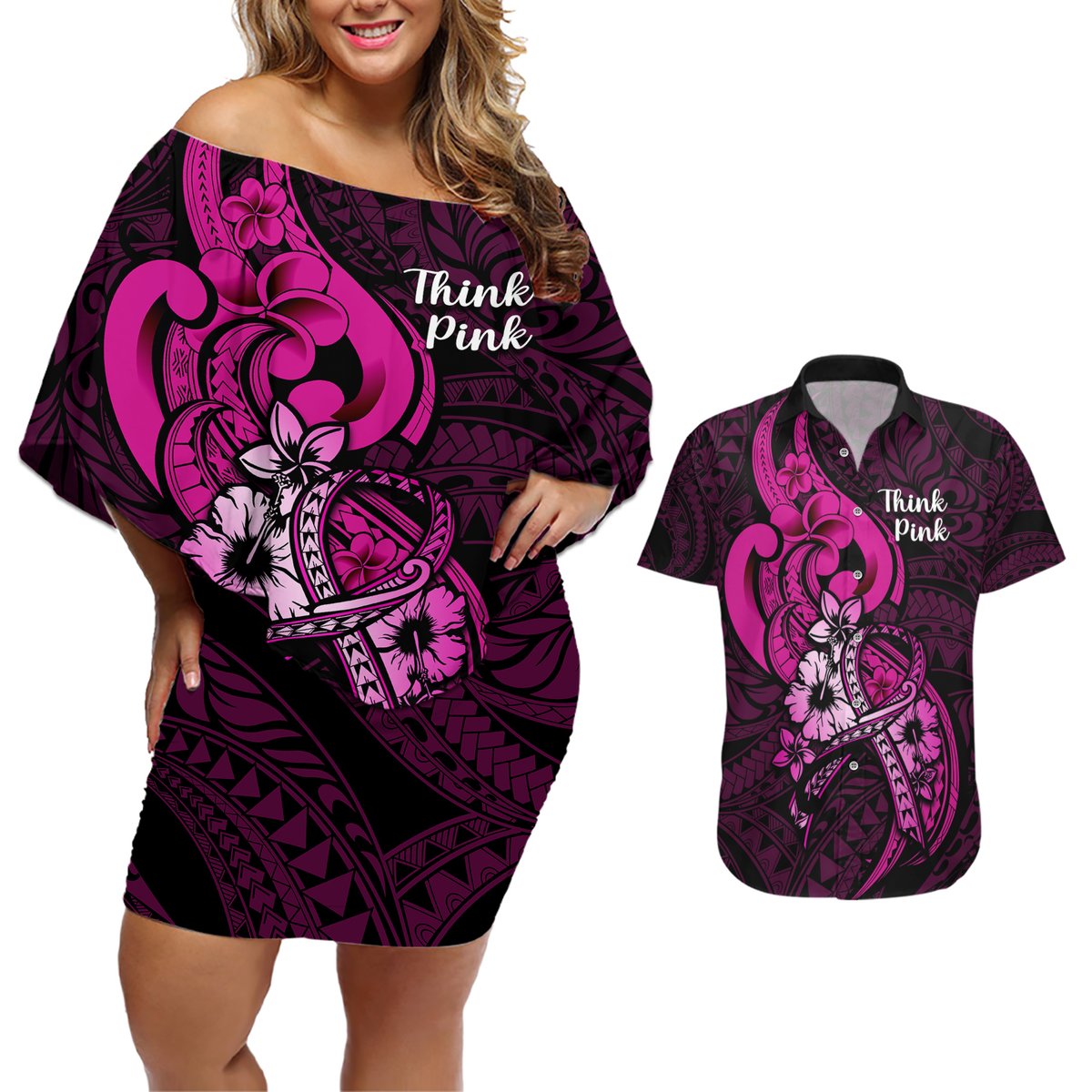Polynesia Breast Cancer Awareness Couples Matching Off Shoulder Short Dress and Hawaiian Shirt Think Pink Polynesian Ribbon Black Version LT14 Pink - Polynesian Pride