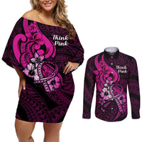 Polynesia Breast Cancer Awareness Couples Matching Off Shoulder Short Dress and Long Sleeve Button Shirts Think Pink Polynesian Ribbon Black Version LT14 Pink - Polynesian Pride