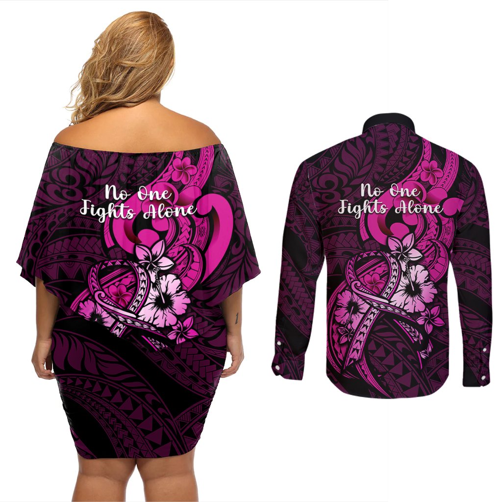 Polynesia Breast Cancer Awareness Couples Matching Off Shoulder Short Dress and Long Sleeve Button Shirts Think Pink Polynesian Ribbon Black Version LT14 - Polynesian Pride