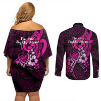 Polynesia Breast Cancer Awareness Couples Matching Off Shoulder Short Dress and Long Sleeve Button Shirts Think Pink Polynesian Ribbon Black Version LT14 - Polynesian Pride