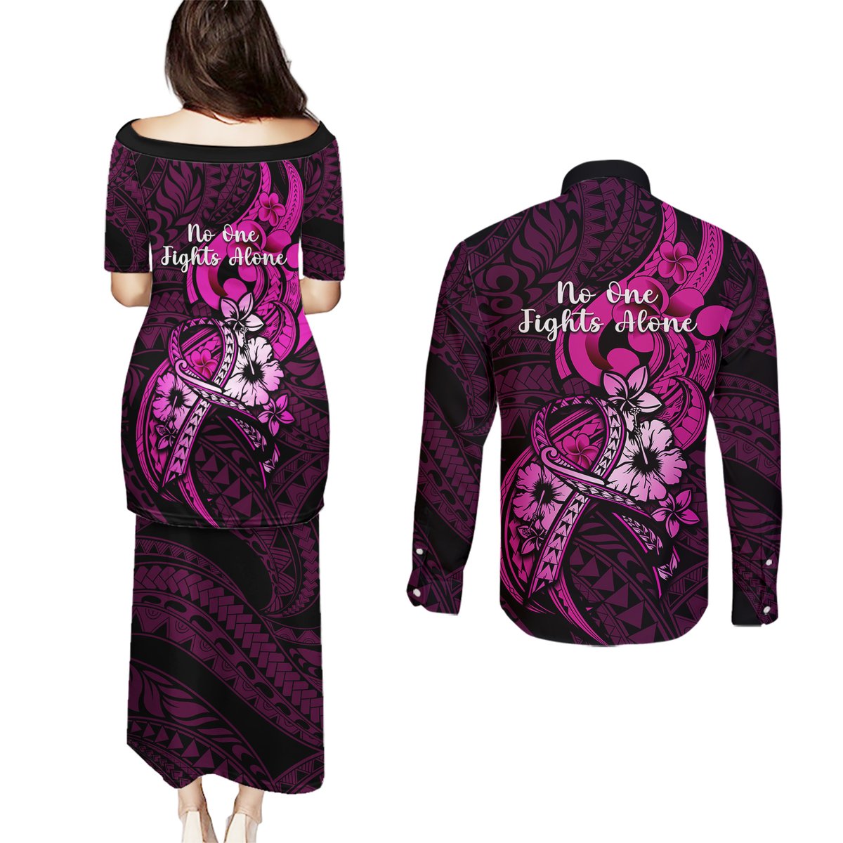 Polynesia Breast Cancer Awareness Couples Matching Puletasi Dress and Long Sleeve Button Shirts Think Pink Polynesian Ribbon Black Version LT14 - Polynesian Pride