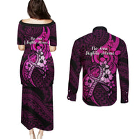 Polynesia Breast Cancer Awareness Couples Matching Puletasi Dress and Long Sleeve Button Shirts Think Pink Polynesian Ribbon Black Version LT14 - Polynesian Pride