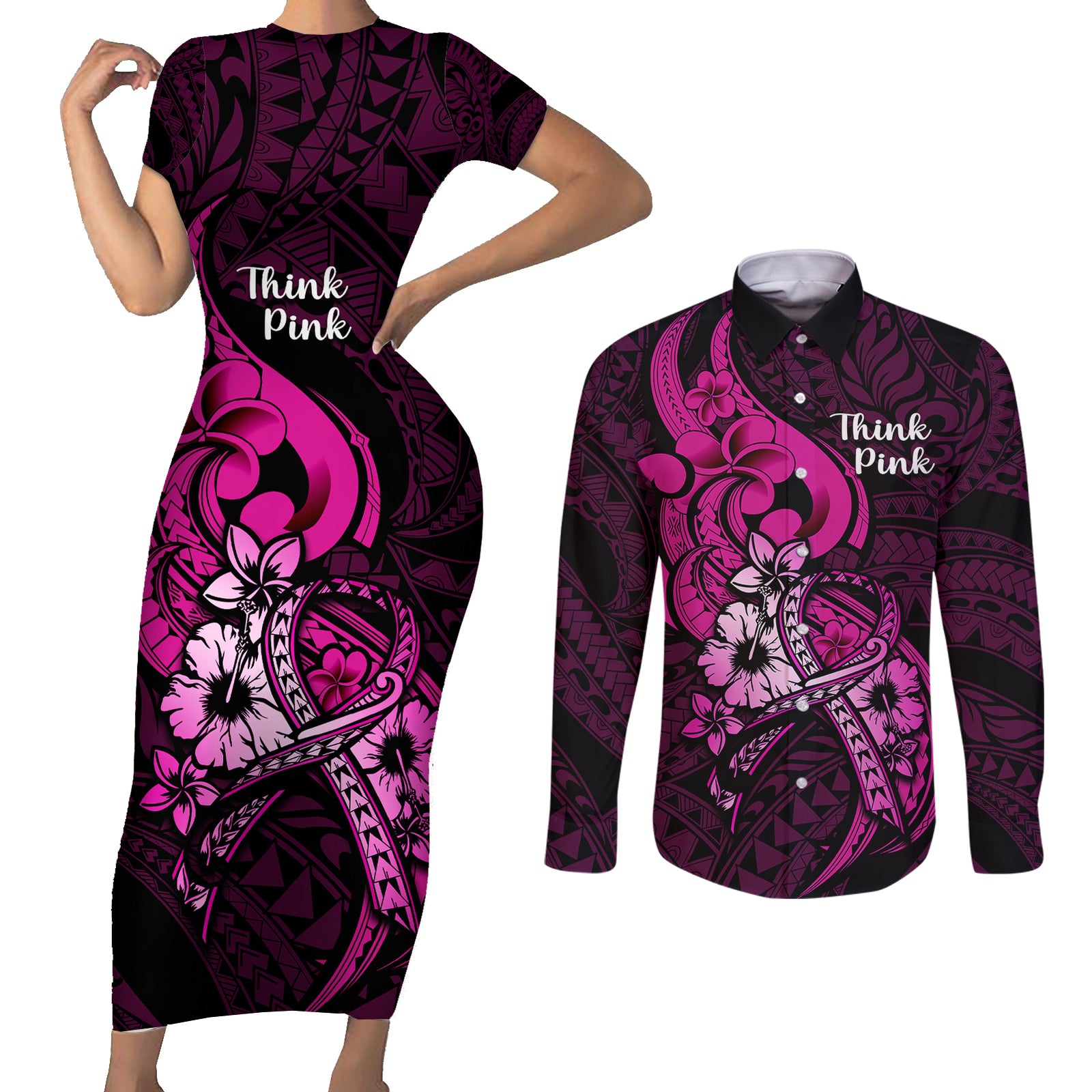Polynesia Breast Cancer Awareness Couples Matching Short Sleeve Bodycon Dress and Long Sleeve Button Shirts Think Pink Polynesian Ribbon Black Version LT14 Pink - Polynesian Pride