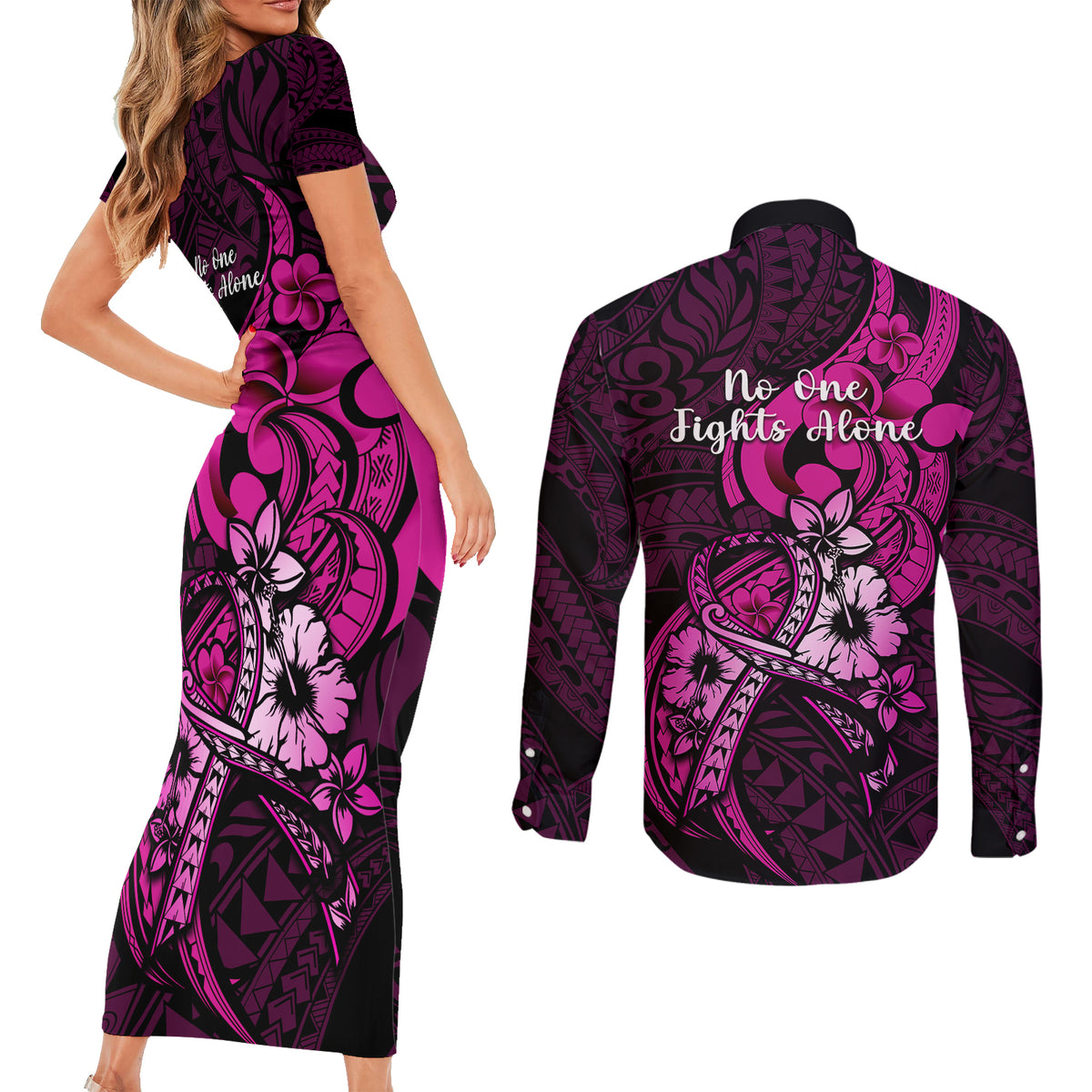 Polynesia Breast Cancer Awareness Couples Matching Short Sleeve Bodycon Dress and Long Sleeve Button Shirts Think Pink Polynesian Ribbon Black Version LT14 - Polynesian Pride