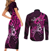 Polynesia Breast Cancer Awareness Couples Matching Short Sleeve Bodycon Dress and Long Sleeve Button Shirts Think Pink Polynesian Ribbon Black Version LT14 - Polynesian Pride
