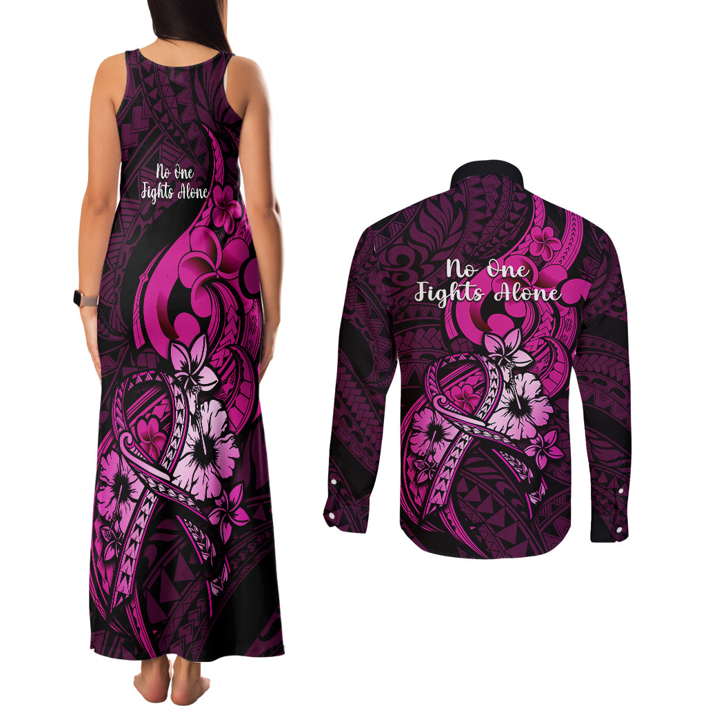 Polynesia Breast Cancer Awareness Couples Matching Tank Maxi Dress and Long Sleeve Button Shirts Think Pink Polynesian Ribbon Black Version LT14 - Polynesian Pride