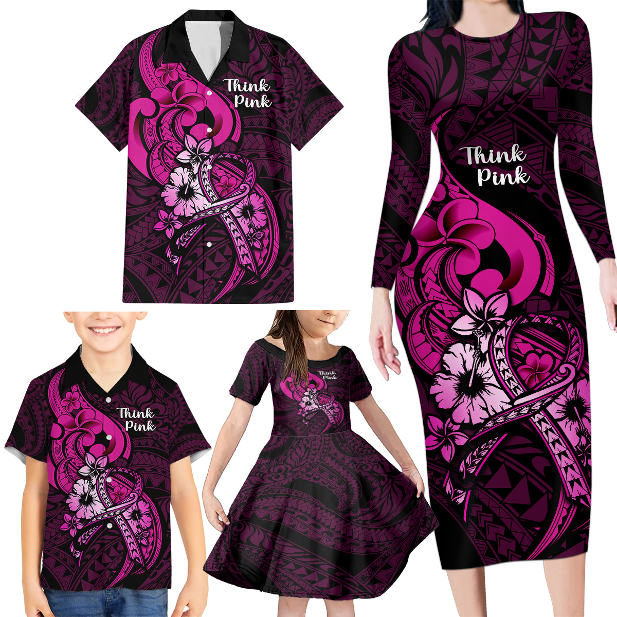 polynesia-breast-cancer-awareness-family-matching-long-sleeve-bodycon-dress-and-hawaiian-shirt-think-pink-polynesian-ribbon-black-version