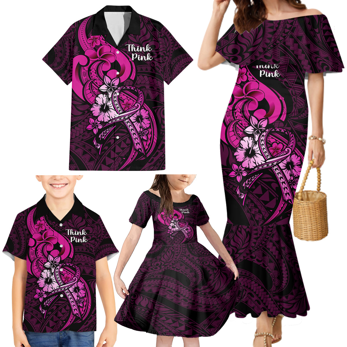 polynesia-breast-cancer-awareness-family-matching-mermaid-dress-and-hawaiian-shirt-think-pink-polynesian-ribbon-black-version