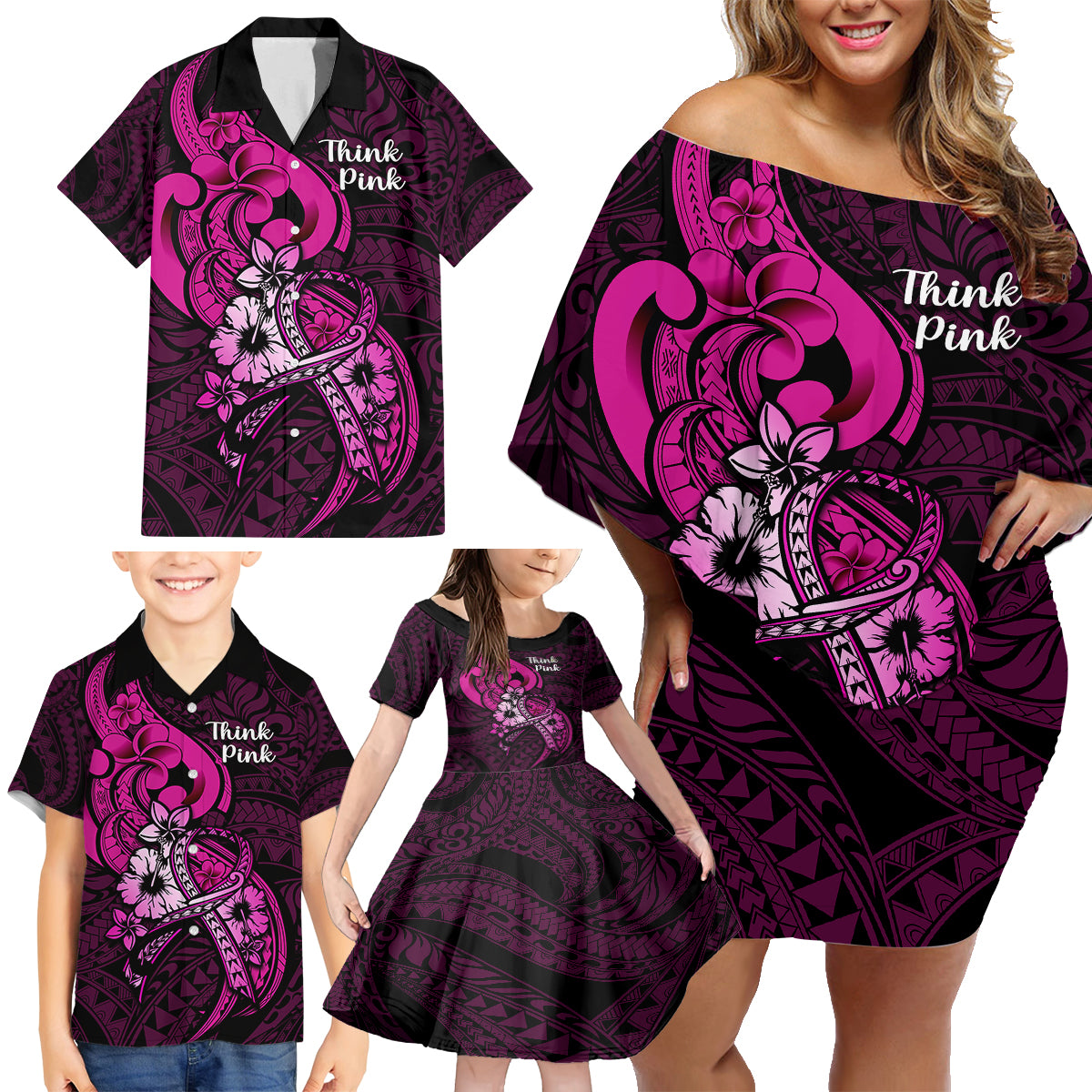 polynesia-breast-cancer-awareness-family-matching-off-shoulder-short-dress-and-hawaiian-shirt-think-pink-polynesian-ribbon-black-version