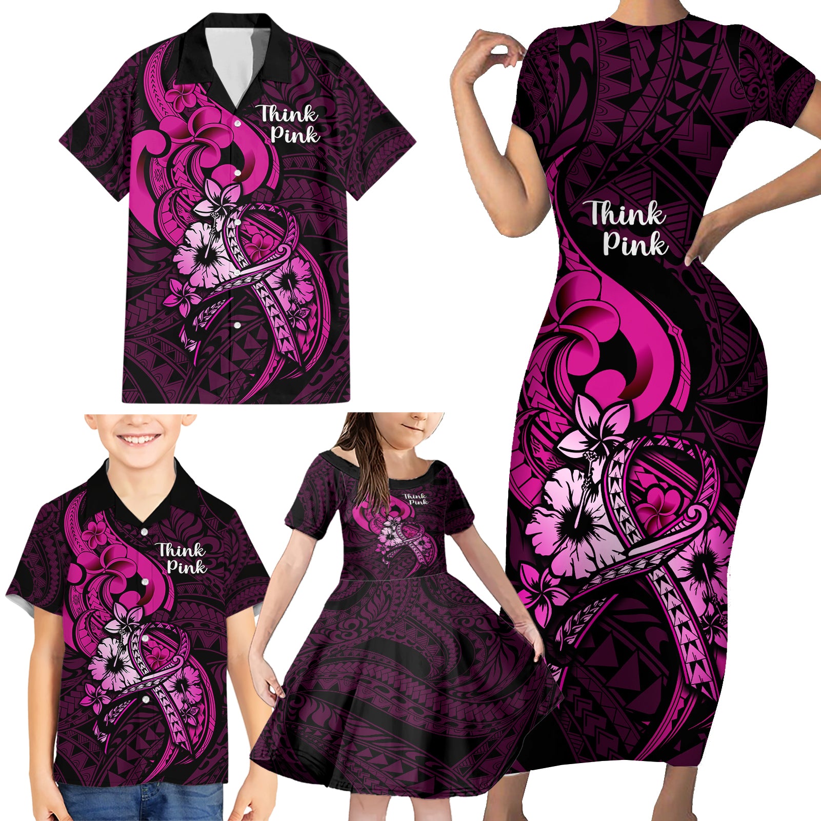 polynesia-breast-cancer-awareness-family-matching-short-sleeve-bodycon-dress-and-hawaiian-shirt-think-pink-polynesian-ribbon-black-version