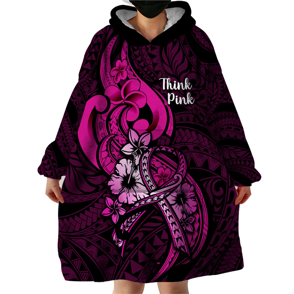 Polynesia Breast Cancer Awareness Wearable Blanket Hoodie Think Pink Polynesian Ribbon Black Version LT14 - Polynesian Pride
