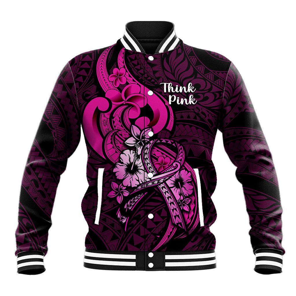 Personalised Polynesia Breast Cancer Awareness Baseball Jacket Think Pink Polynesian Ribbon Black Version LT14 Unisex Pink - Polynesian Pride