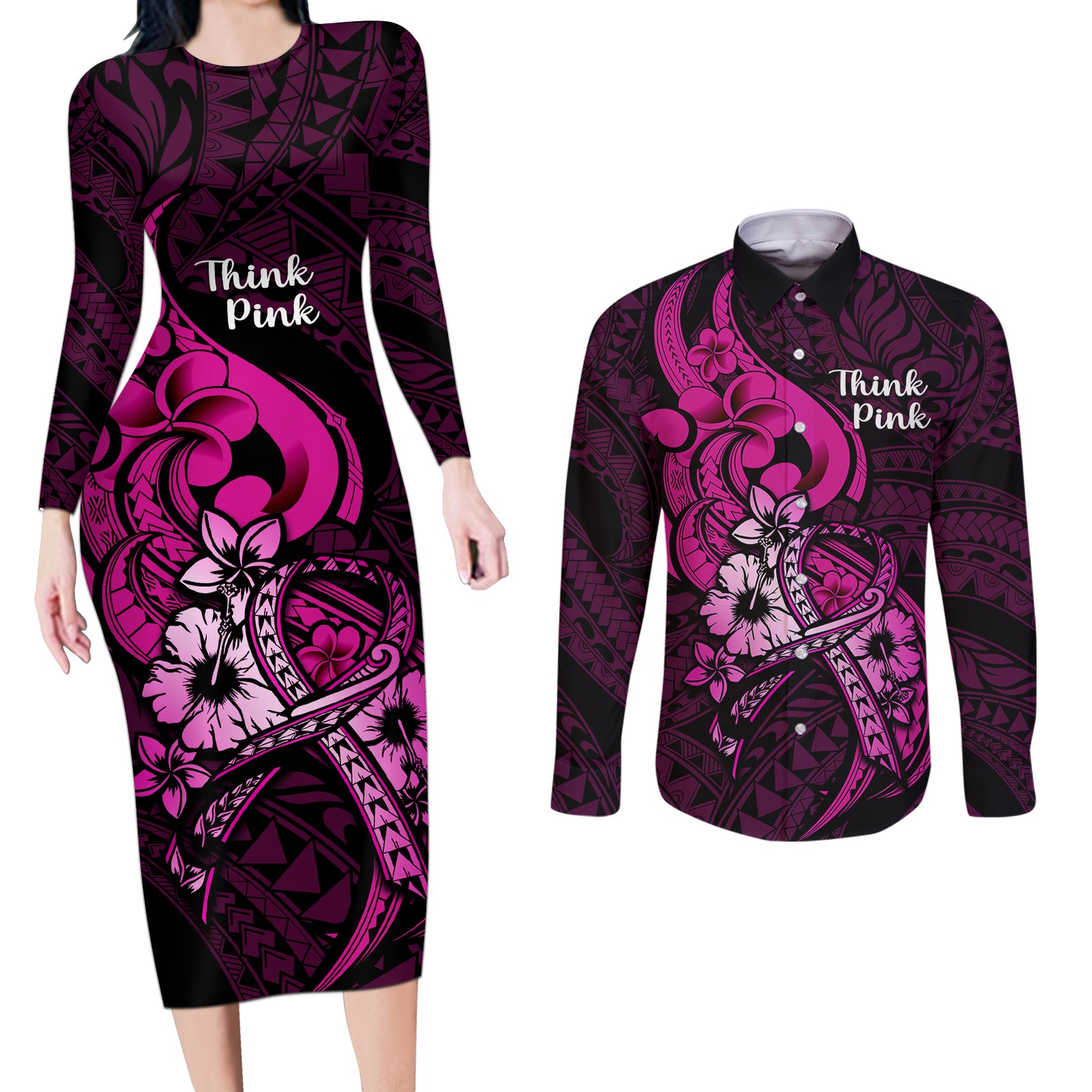Personalised Polynesia Breast Cancer Awareness Couples Matching Long Sleeve Bodycon Dress and Long Sleeve Button Shirts Think Pink Polynesian Ribbon Black Version LT14 Pink - Polynesian Pride
