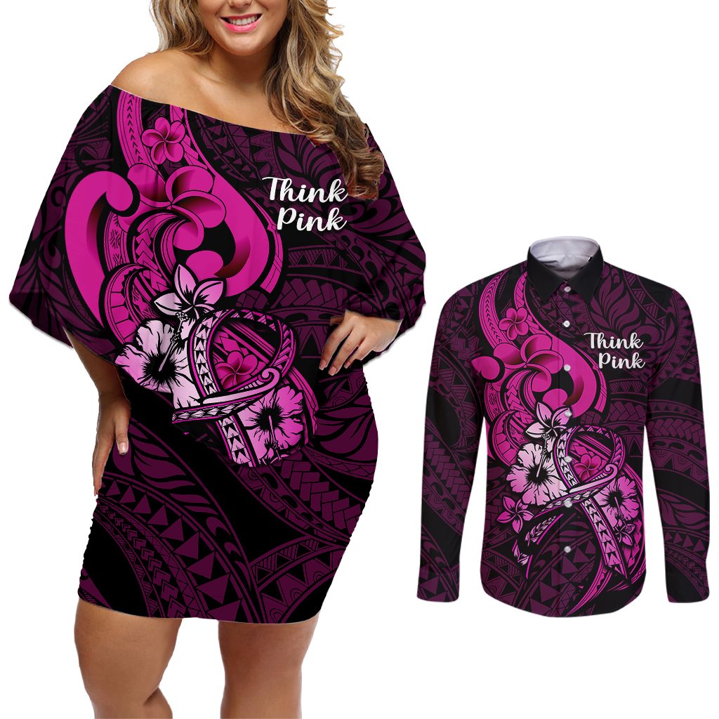 Personalised Polynesia Breast Cancer Awareness Couples Matching Off Shoulder Short Dress and Long Sleeve Button Shirts Think Pink Polynesian Ribbon Black Version LT14 Pink - Polynesian Pride