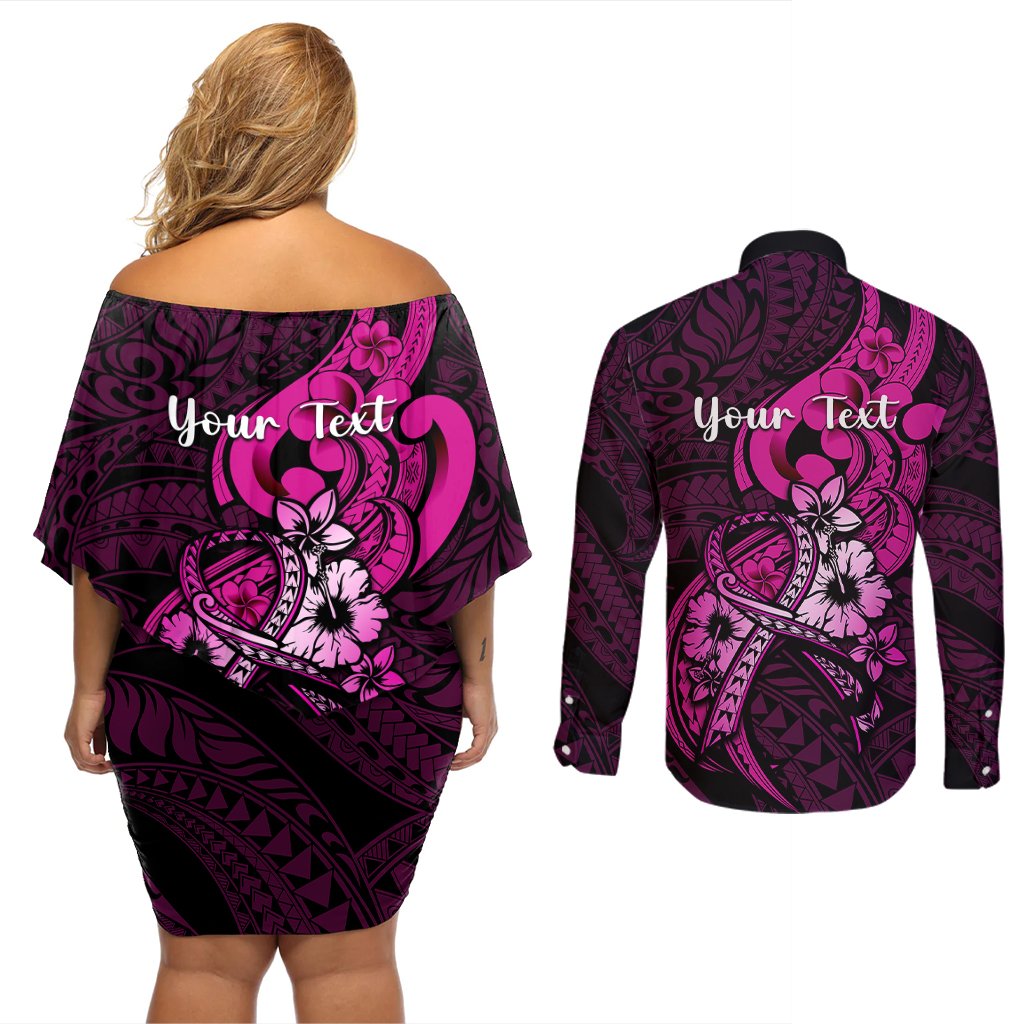 Personalised Polynesia Breast Cancer Awareness Couples Matching Off Shoulder Short Dress and Long Sleeve Button Shirts Think Pink Polynesian Ribbon Black Version LT14 - Polynesian Pride