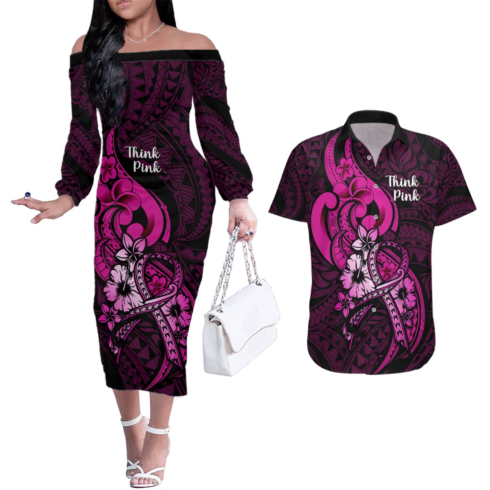 Personalised Polynesia Breast Cancer Awareness Couples Matching Off The Shoulder Long Sleeve Dress and Hawaiian Shirt Think Pink Polynesian Ribbon Black Version LT14 Pink - Polynesian Pride