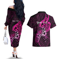 Personalised Polynesia Breast Cancer Awareness Couples Matching Off The Shoulder Long Sleeve Dress and Hawaiian Shirt Think Pink Polynesian Ribbon Black Version LT14 - Polynesian Pride