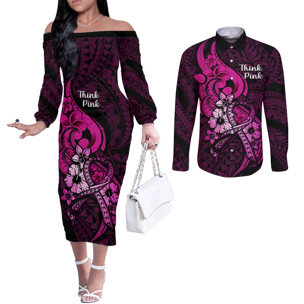 Personalised Polynesia Breast Cancer Awareness Couples Matching Off The Shoulder Long Sleeve Dress and Long Sleeve Button Shirts Think Pink Polynesian Ribbon Black Version LT14 Pink - Polynesian Pride