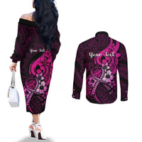 Personalised Polynesia Breast Cancer Awareness Couples Matching Off The Shoulder Long Sleeve Dress and Long Sleeve Button Shirts Think Pink Polynesian Ribbon Black Version LT14 - Polynesian Pride
