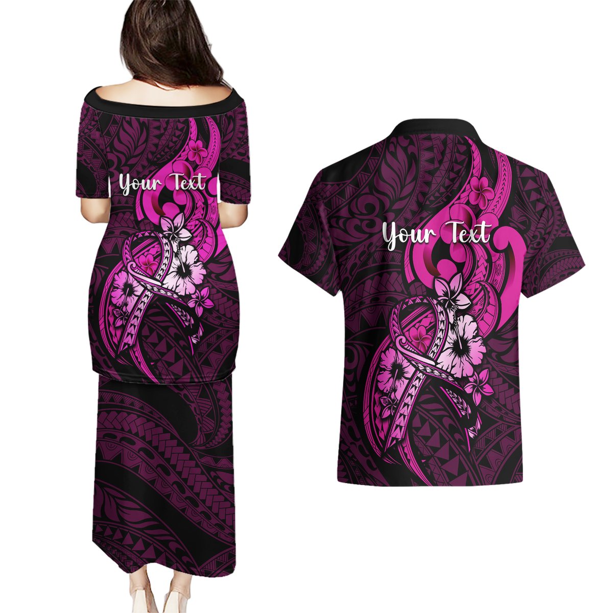 Personalised Polynesia Breast Cancer Awareness Couples Matching Puletasi Dress and Hawaiian Shirt Think Pink Polynesian Ribbon Black Version LT14 - Polynesian Pride