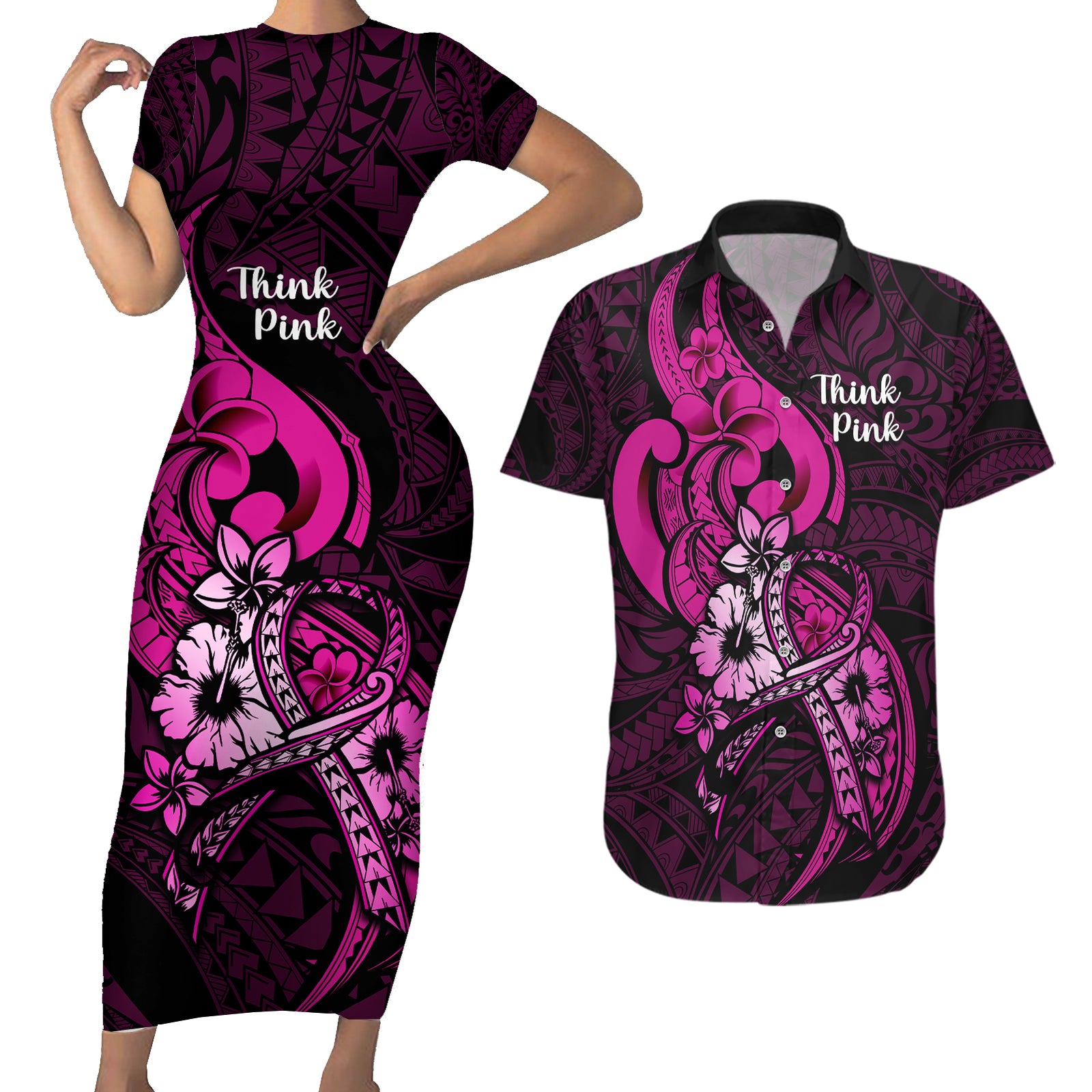 Personalised Polynesia Breast Cancer Awareness Couples Matching Short Sleeve Bodycon Dress and Hawaiian Shirt Think Pink Polynesian Ribbon Black Version LT14 Pink - Polynesian Pride
