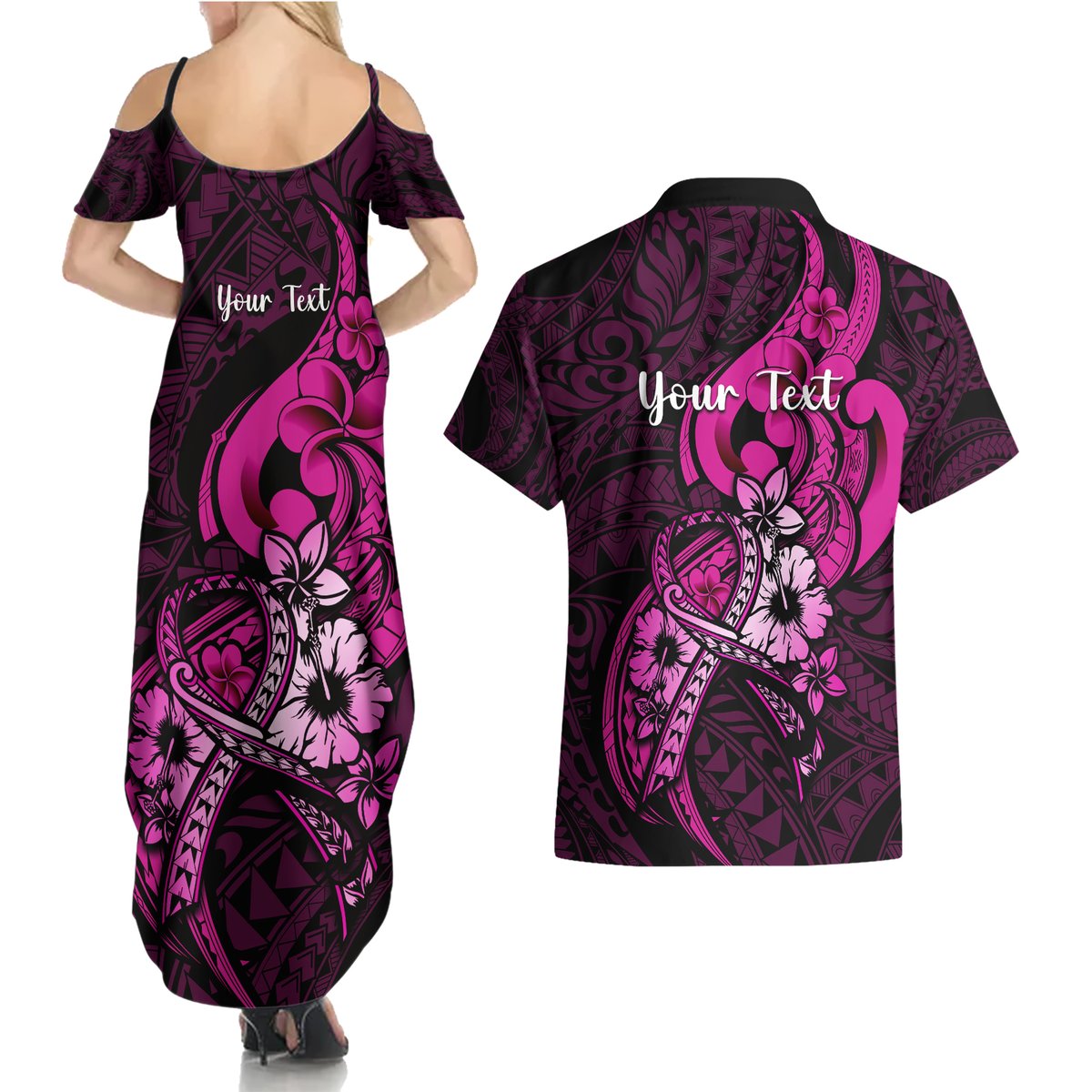 Personalised Polynesia Breast Cancer Awareness Couples Matching Summer Maxi Dress and Hawaiian Shirt Think Pink Polynesian Ribbon Black Version LT14 - Polynesian Pride