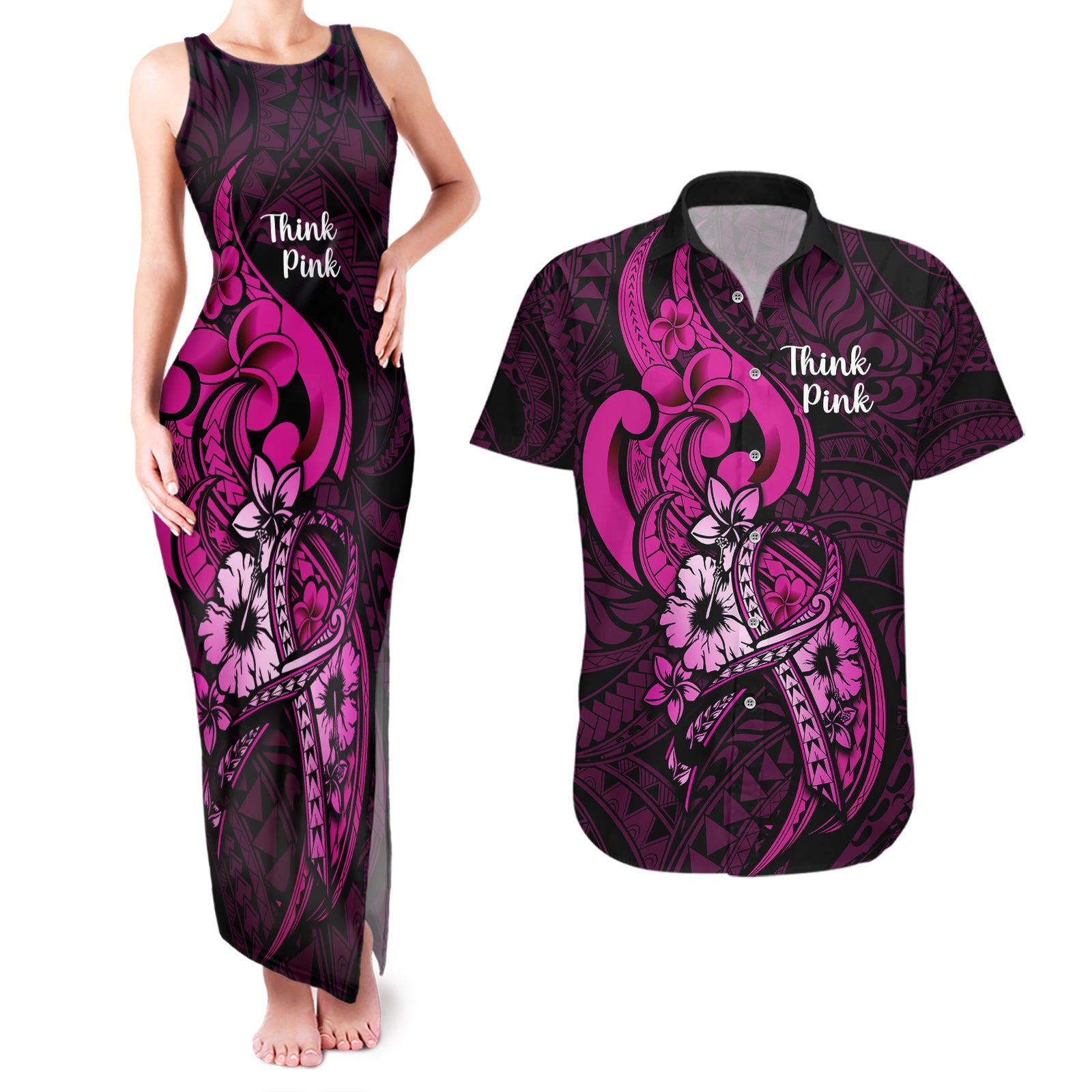 Personalised Polynesia Breast Cancer Awareness Couples Matching Tank Maxi Dress and Hawaiian Shirt Think Pink Polynesian Ribbon Black Version LT14 Pink - Polynesian Pride