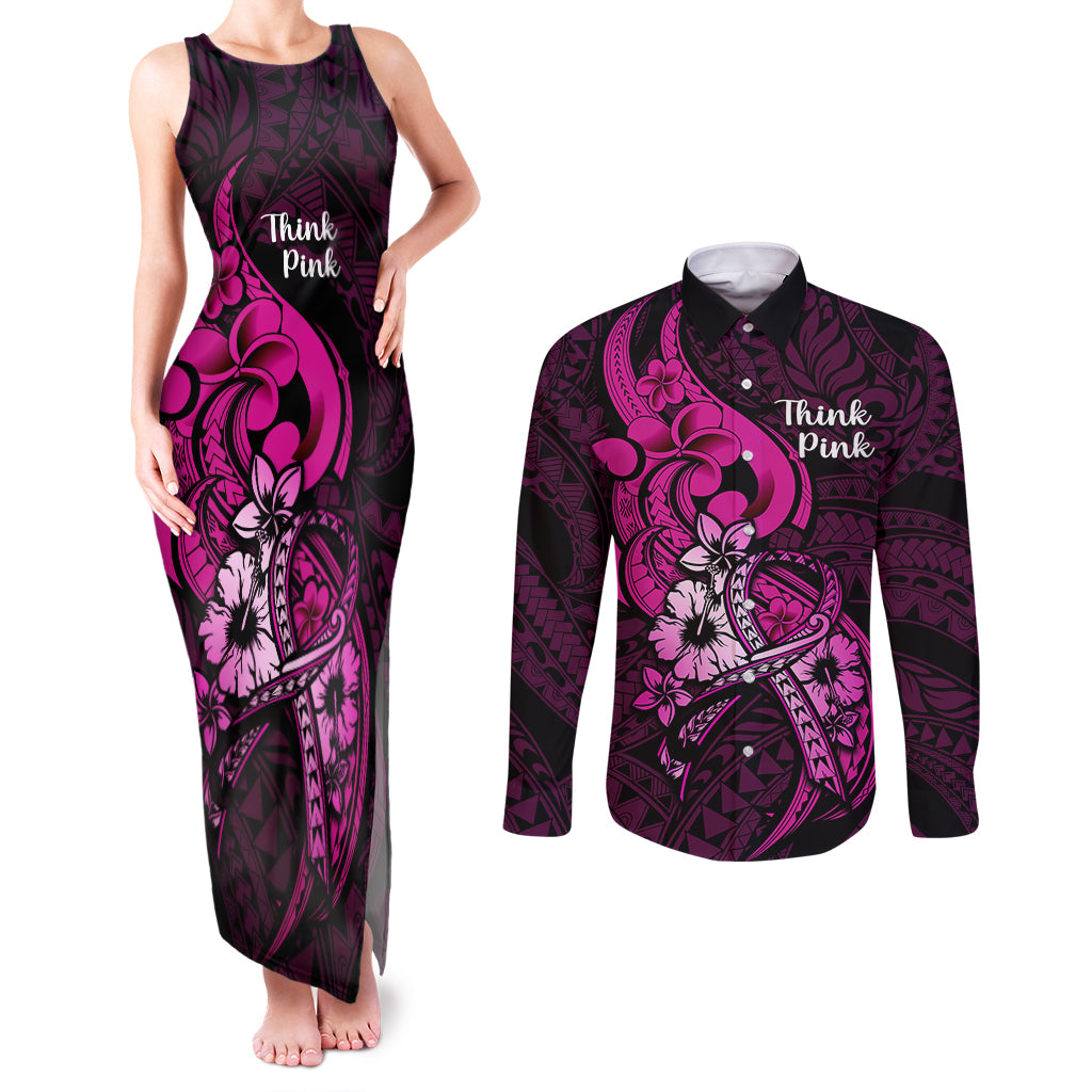Personalised Polynesia Breast Cancer Awareness Couples Matching Tank Maxi Dress and Long Sleeve Button Shirts Think Pink Polynesian Ribbon Black Version LT14 Pink - Polynesian Pride
