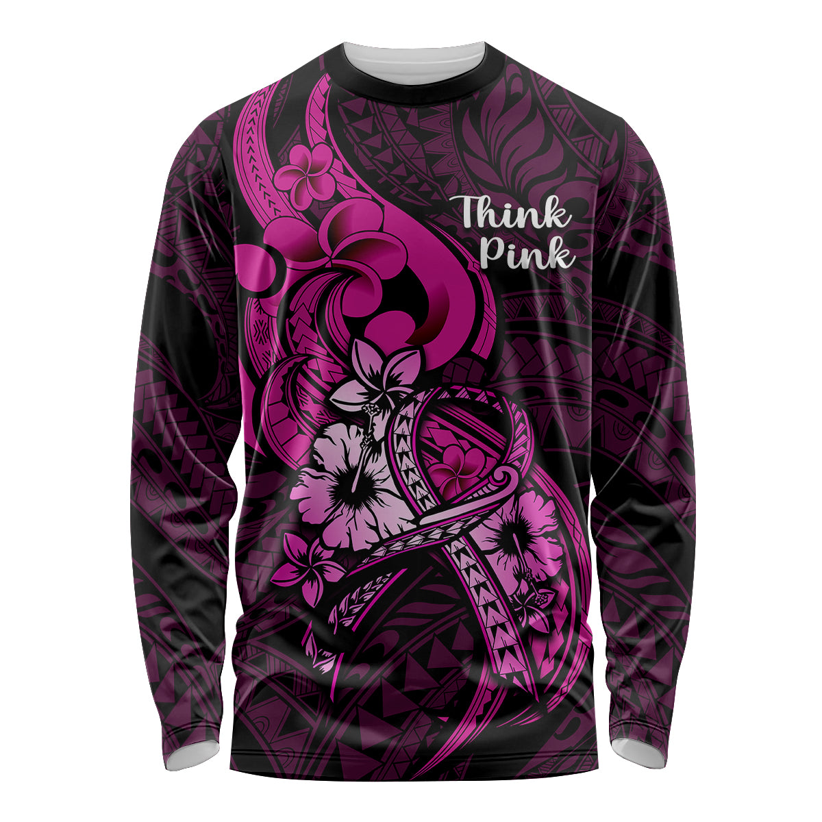 Personalised Polynesia Breast Cancer Awareness Long Sleeve Shirt Think Pink Polynesian Ribbon Black Version LT14 Unisex Pink - Polynesian Pride