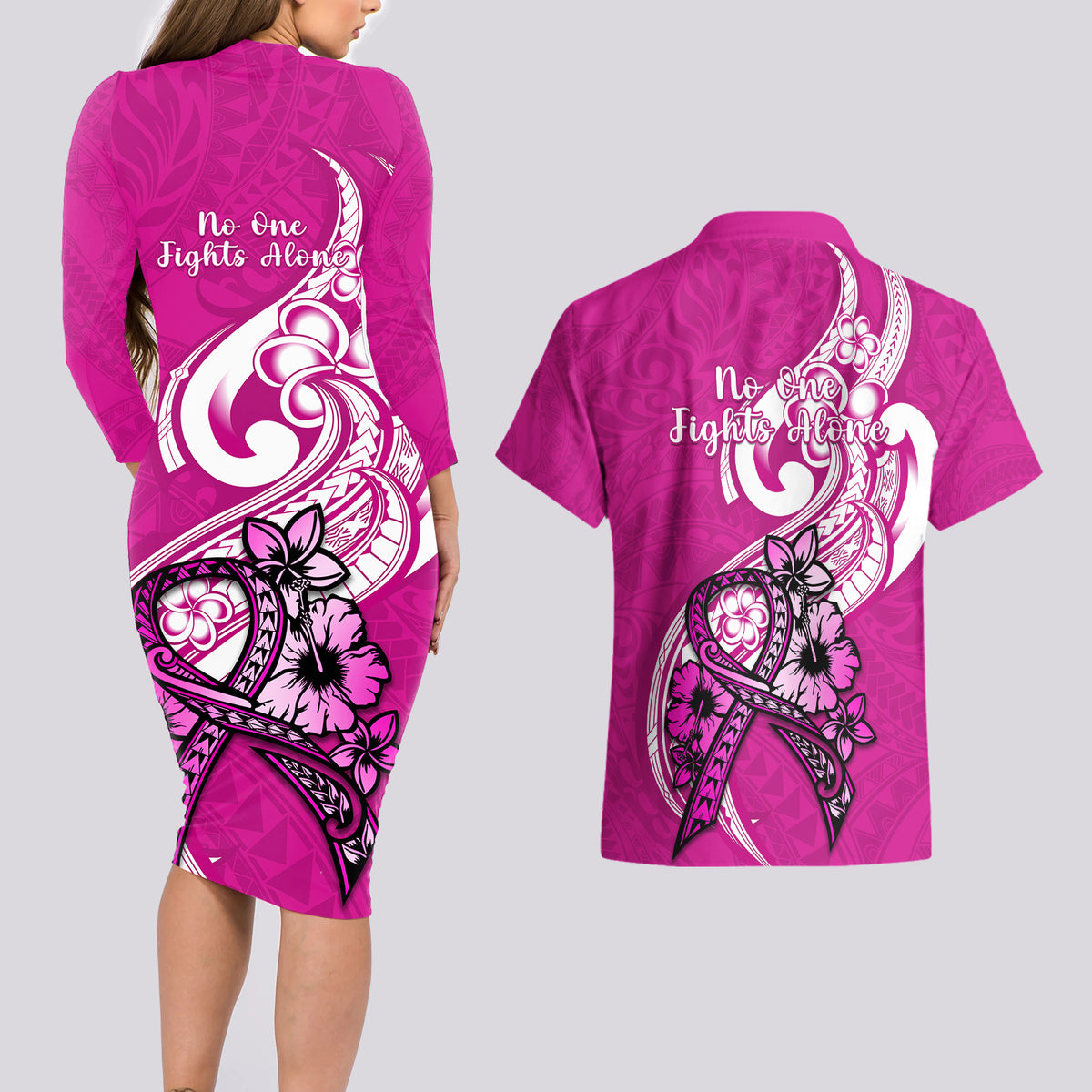 Polynesia Breast Cancer Awareness Couples Matching Long Sleeve Bodycon Dress and Hawaiian Shirt Think Pink Polynesian Ribbon White Version LT14 - Polynesian Pride