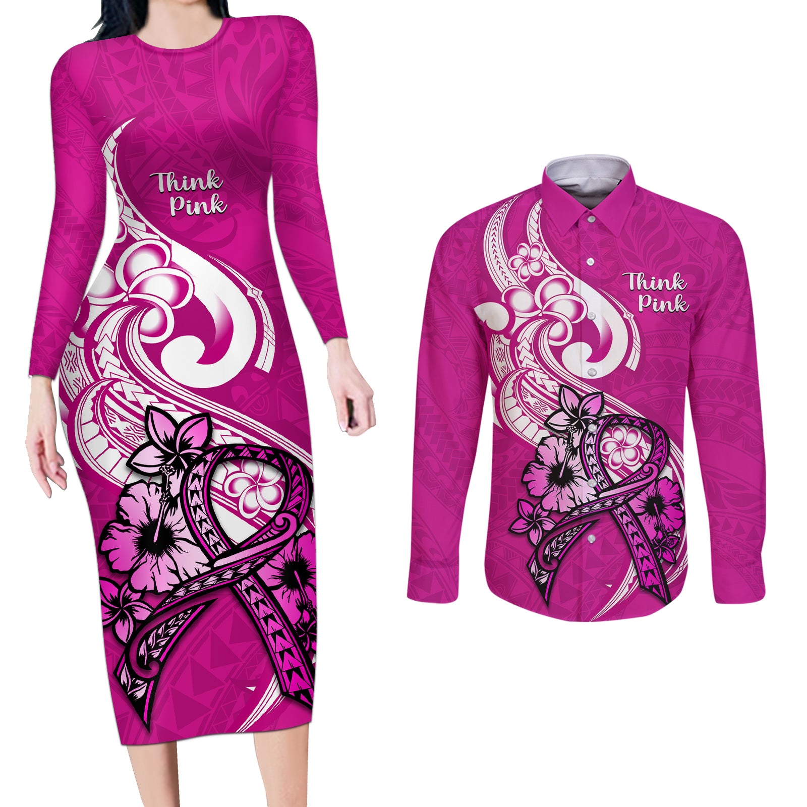 Polynesia Breast Cancer Awareness Couples Matching Long Sleeve Bodycon Dress and Long Sleeve Button Shirts Think Pink Polynesian Ribbon White Version LT14 Pink - Polynesian Pride