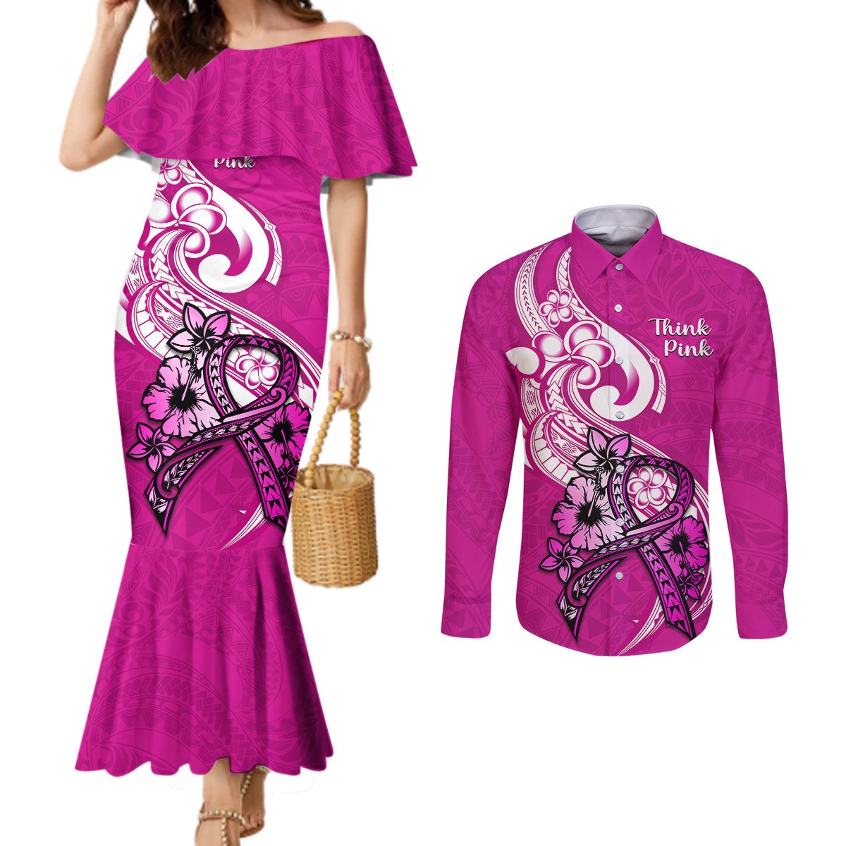 Polynesia Breast Cancer Awareness Couples Matching Mermaid Dress and Long Sleeve Button Shirts Think Pink Polynesian Ribbon White Version LT14 Pink - Polynesian Pride