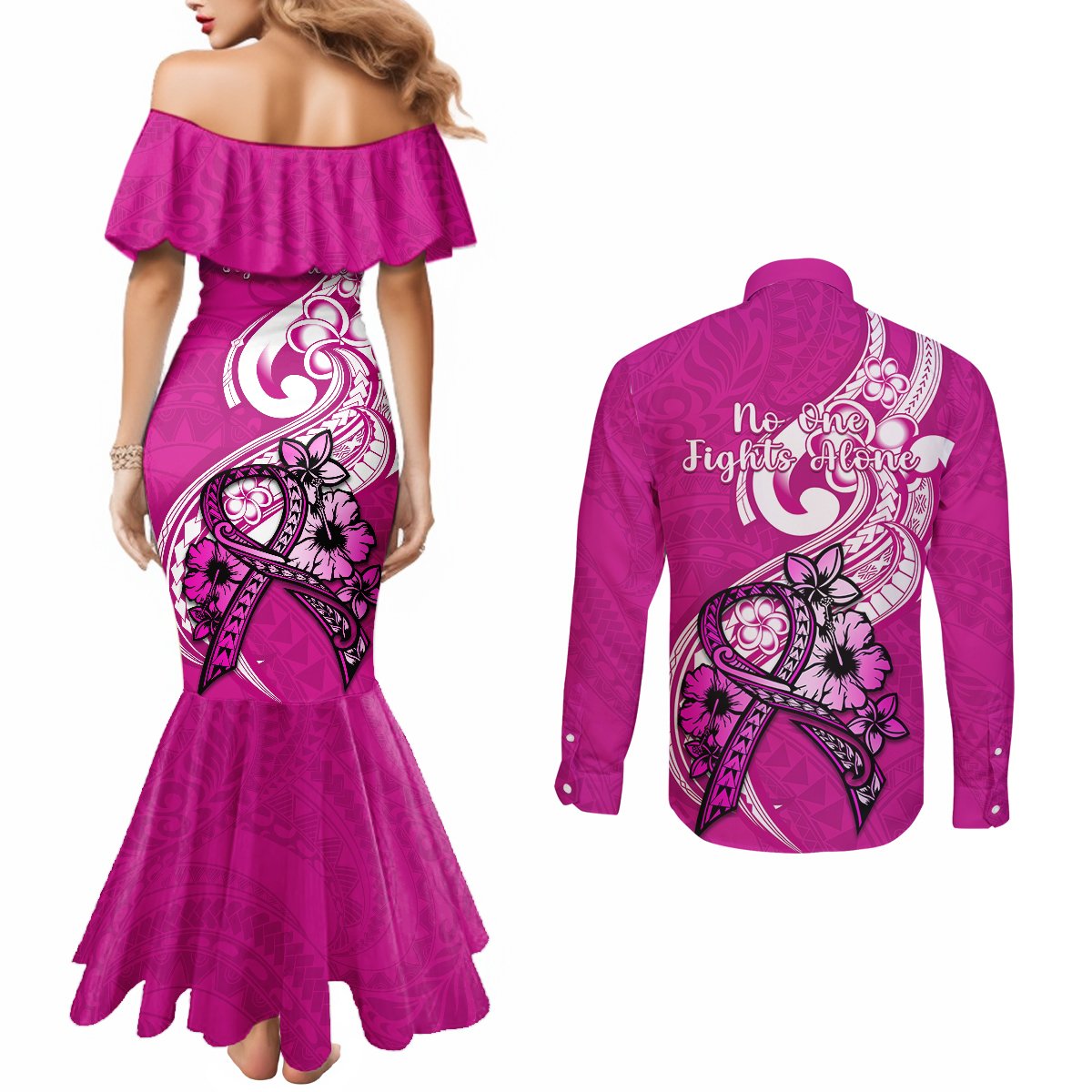 Polynesia Breast Cancer Awareness Couples Matching Mermaid Dress and Long Sleeve Button Shirts Think Pink Polynesian Ribbon White Version LT14 - Polynesian Pride
