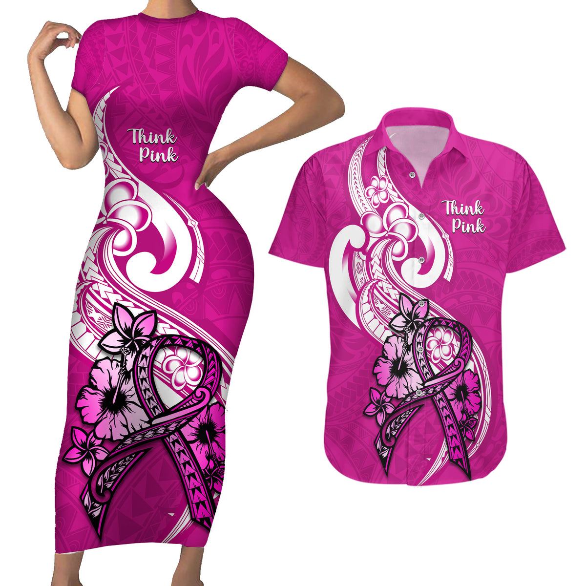 Polynesia Breast Cancer Awareness Couples Matching Short Sleeve Bodycon Dress and Hawaiian Shirt Think Pink Polynesian Ribbon White Version LT14 Pink - Polynesian Pride