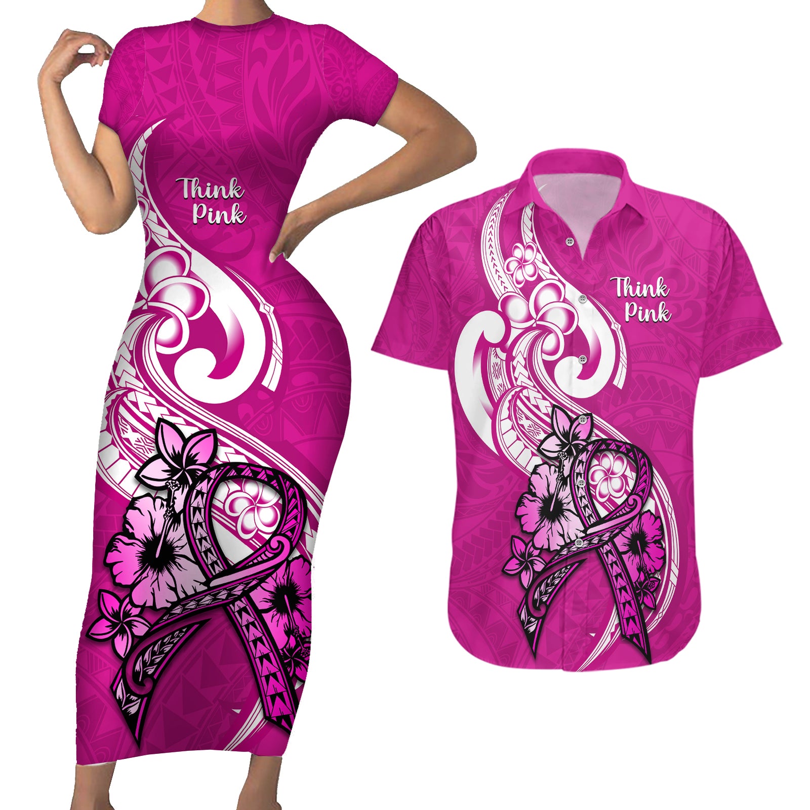 Polynesia Breast Cancer Awareness Couples Matching Short Sleeve Bodycon Dress and Hawaiian Shirt Think Pink Polynesian Ribbon White Version LT14 Pink - Polynesian Pride