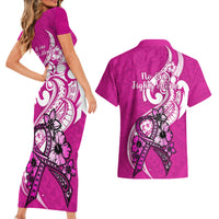 Polynesia Breast Cancer Awareness Couples Matching Short Sleeve Bodycon Dress and Hawaiian Shirt Think Pink Polynesian Ribbon White Version LT14 - Polynesian Pride