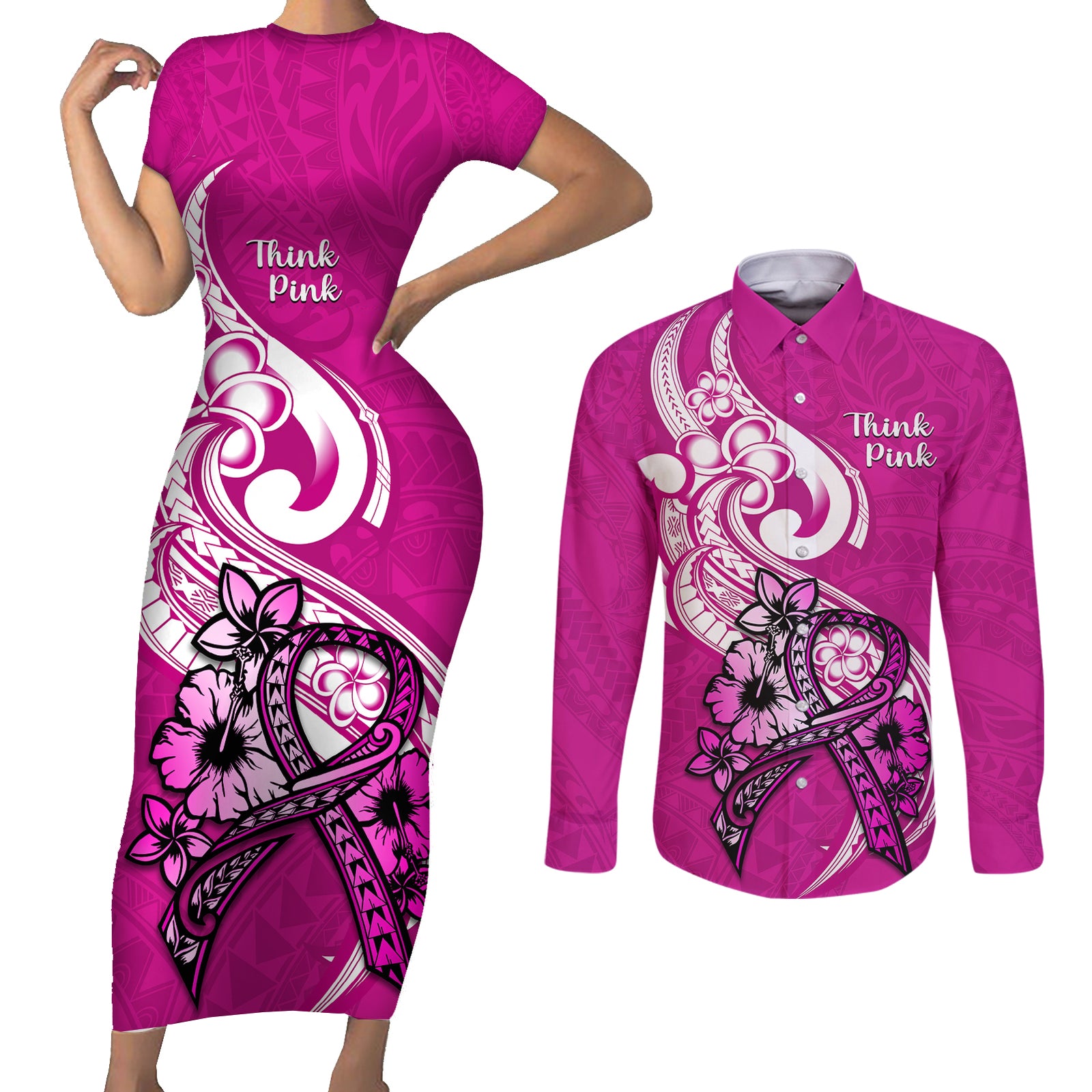 Polynesia Breast Cancer Awareness Couples Matching Short Sleeve Bodycon Dress and Long Sleeve Button Shirts Think Pink Polynesian Ribbon White Version LT14 Pink - Polynesian Pride