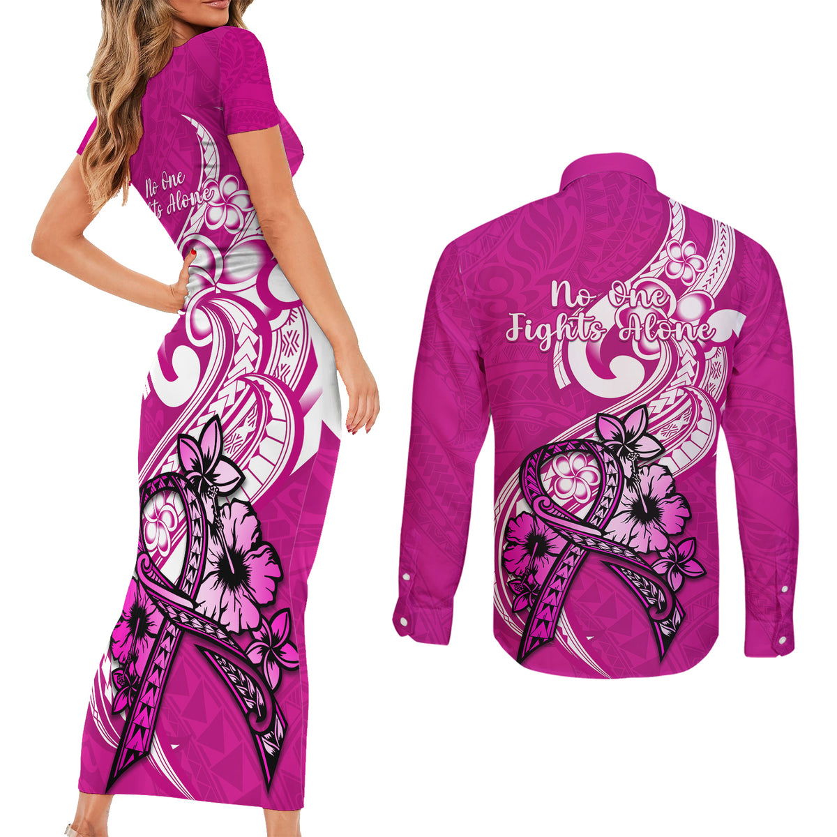 polynesia-breast-cancer-awareness-couples-matching-short-sleeve-bodycon-dress-and-long-sleeve-button-shirts-think-pink-polynesian-ribbon-white-version