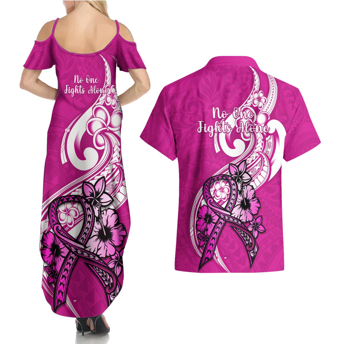 Polynesia Breast Cancer Awareness Couples Matching Summer Maxi Dress and Hawaiian Shirt Think Pink Polynesian Ribbon White Version LT14 - Polynesian Pride