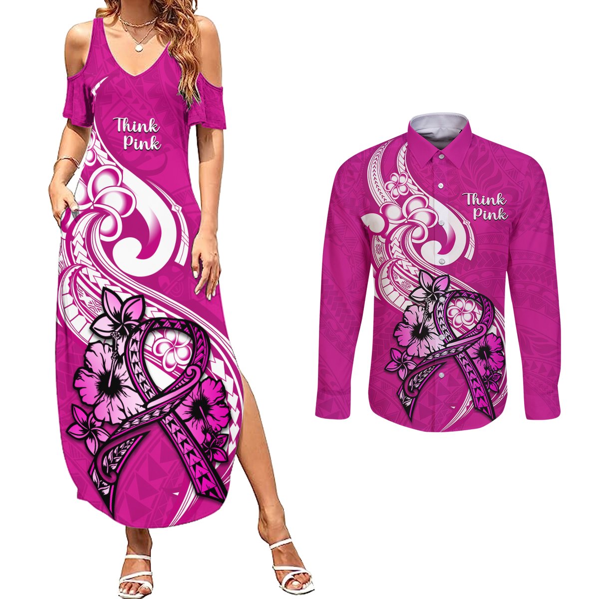 Polynesia Breast Cancer Awareness Couples Matching Summer Maxi Dress and Long Sleeve Button Shirts Think Pink Polynesian Ribbon White Version LT14 Pink - Polynesian Pride