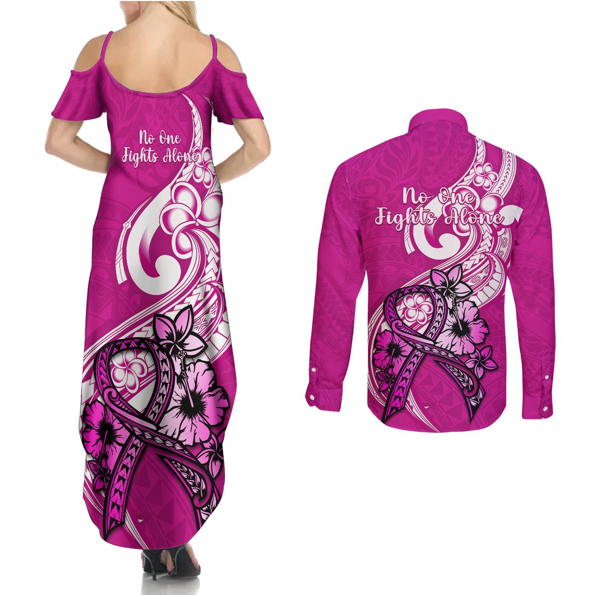 Polynesia Breast Cancer Awareness Couples Matching Summer Maxi Dress and Long Sleeve Button Shirts Think Pink Polynesian Ribbon White Version LT14 - Polynesian Pride