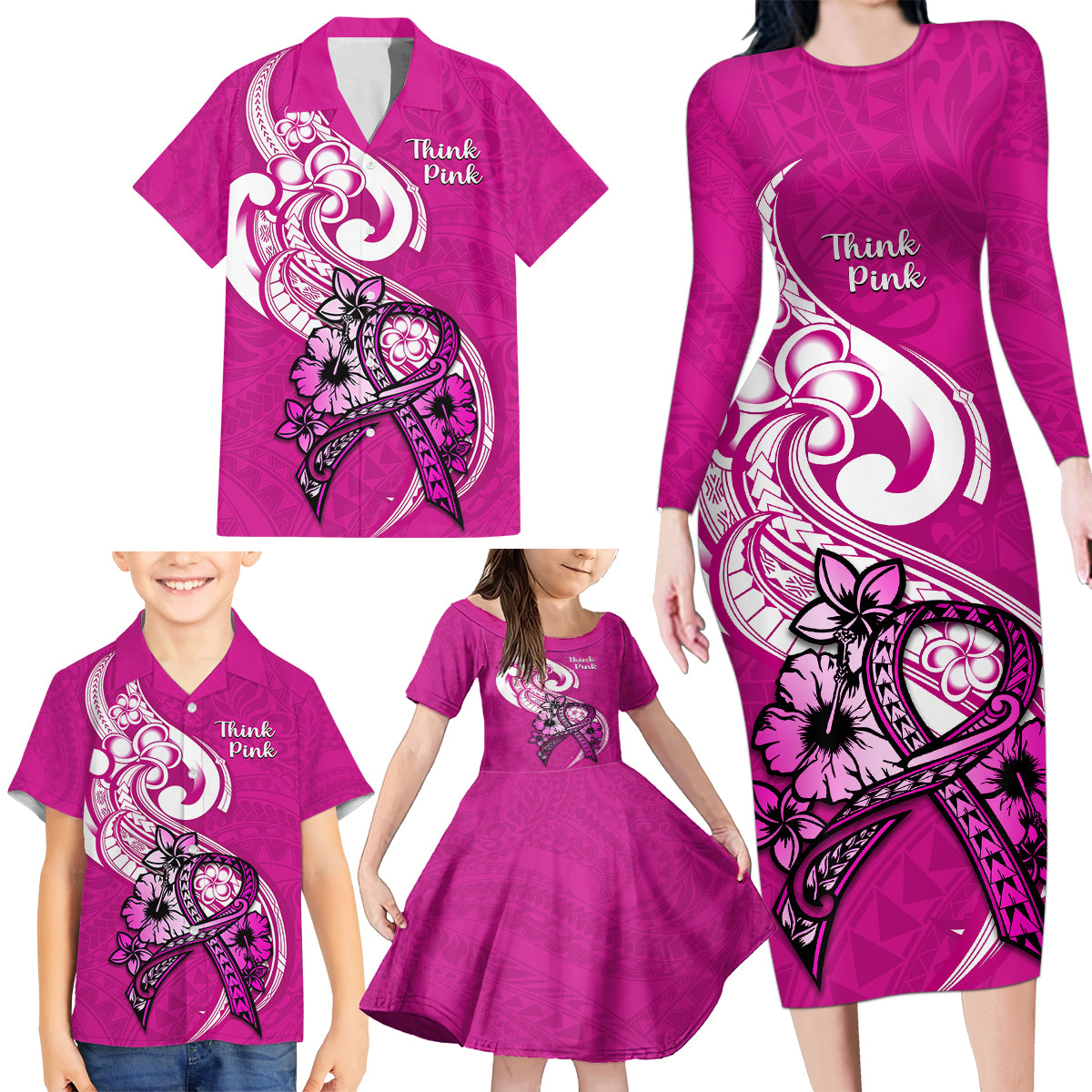 polynesia-breast-cancer-awareness-family-matching-long-sleeve-bodycon-dress-and-hawaiian-shirt-think-pink-polynesian-ribbon-white-version