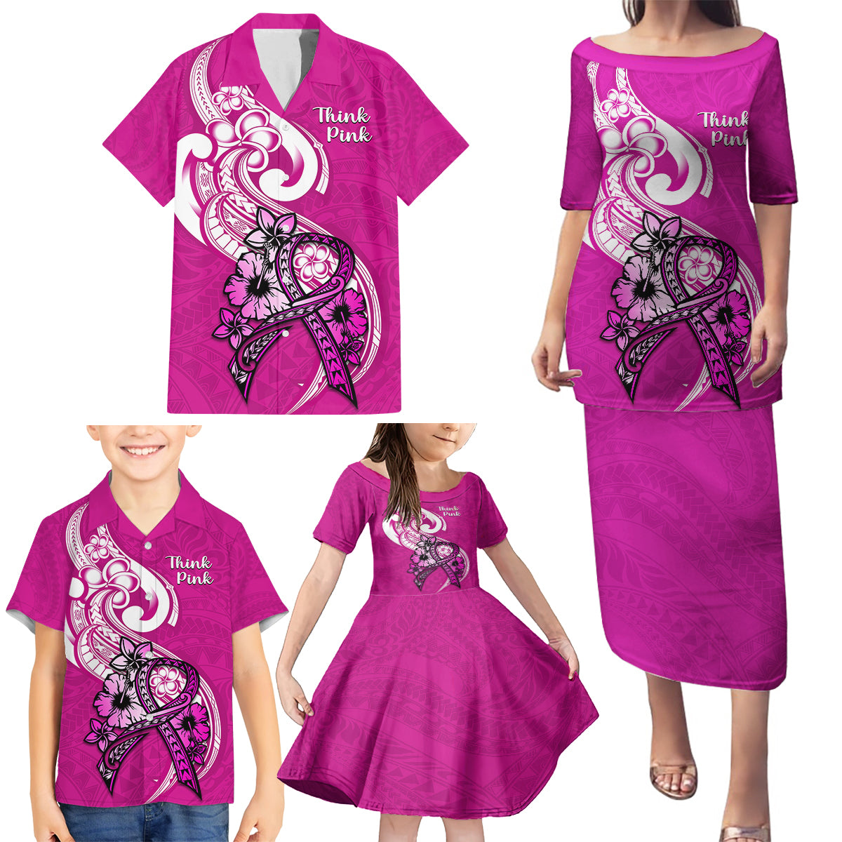 Polynesia Breast Cancer Awareness Family Matching Puletasi Dress and Hawaiian Shirt Think Pink Polynesian Ribbon White Version LT14 - Polynesian Pride