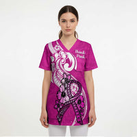 Polynesia Breast Cancer Awareness Scrub Top Think Pink Polynesian Ribbon White Version - Polynesian Pride