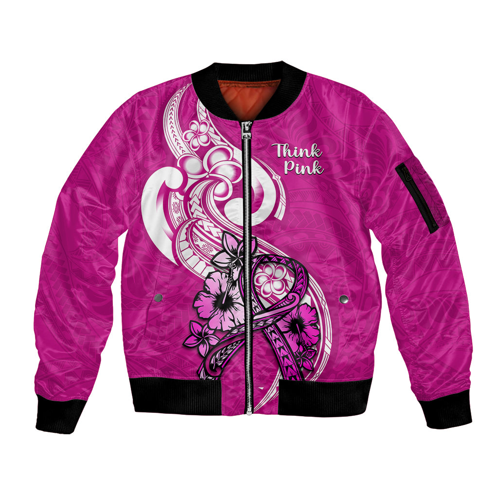 Polynesia Breast Cancer Awareness Sleeve Zip Bomber Jacket Think Pink Polynesian Ribbon White Version LT14 Unisex Pink - Polynesian Pride