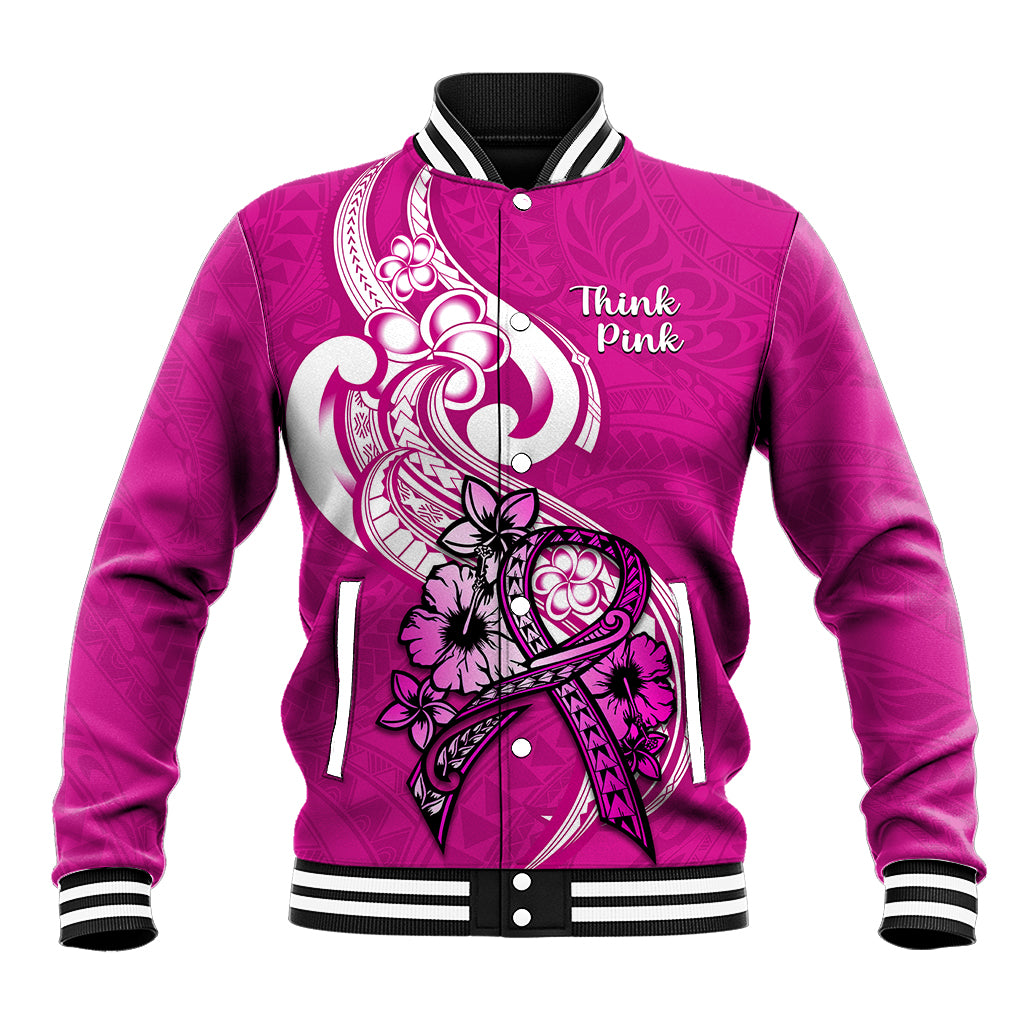 Personalised Polynesia Breast Cancer Awareness Baseball Jacket Think Pink Polynesian Ribbon White Version LT14 Unisex Pink - Polynesian Pride