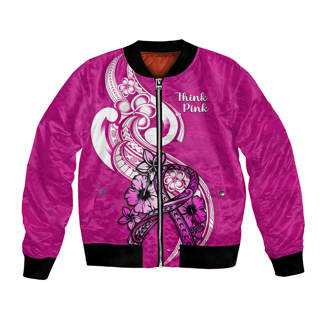 Personalised Polynesia Breast Cancer Awareness Bomber Jacket Think Pink Polynesian Ribbon White Version LT14 Unisex Pink - Polynesian Pride
