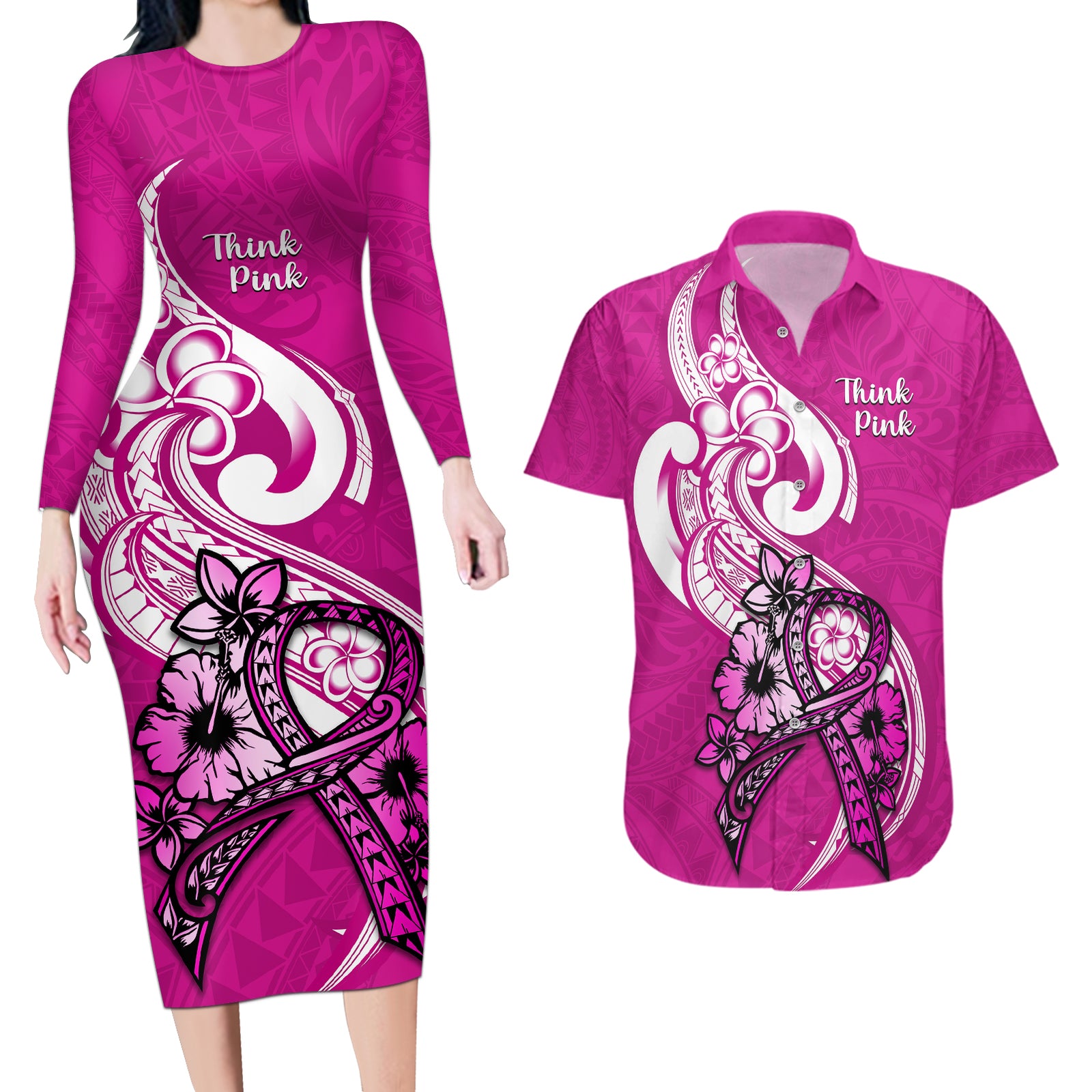 Personalised Polynesia Breast Cancer Awareness Couples Matching Long Sleeve Bodycon Dress and Hawaiian Shirt Think Pink Polynesian Ribbon White Version LT14 Pink - Polynesian Pride